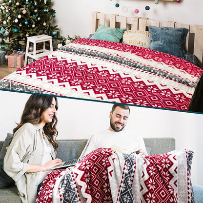 Holiday Red Fleece Throw Blanket | Soft and Plush Winter Cabin Blanket with Reindeer or Snowflake Design 