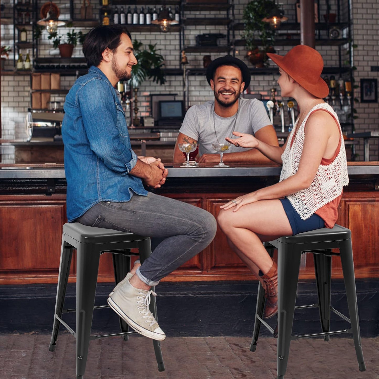 24-Inch Black Metal Bar Stools for Kitchen Island - Set of 4 Stackable Backless Counter Height Chairs for Indoor and Outdoor Use
