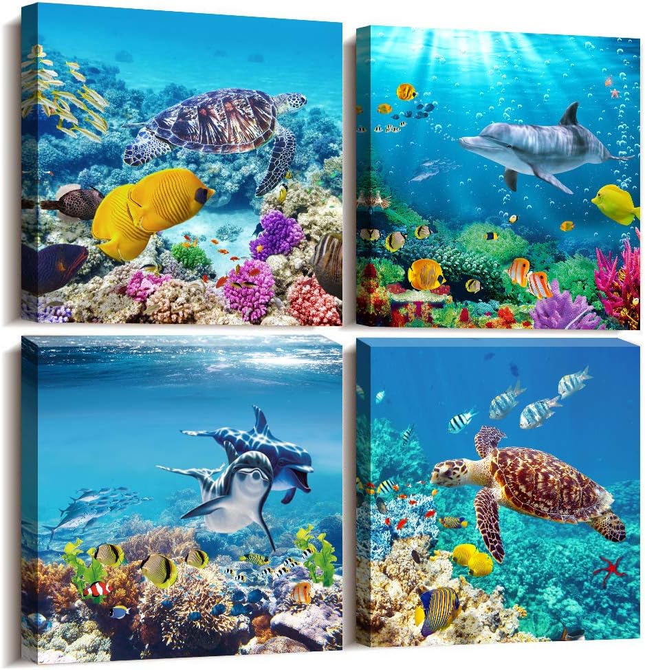 Coral and Sea Life Themed Canvas Wall Art - 4 Panel Stretched and Framed Artwork for Living Room, Family Bedroom, and Bathroom Decor - Modern Home Aesthetic