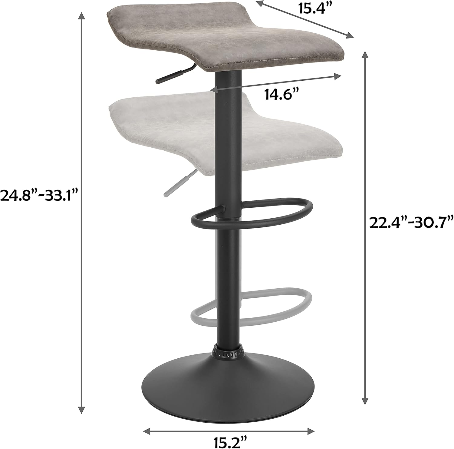 Set of 2 Adjustable Swivel Bar Stools for Kitchen Counter Height, Retro Grey Finish