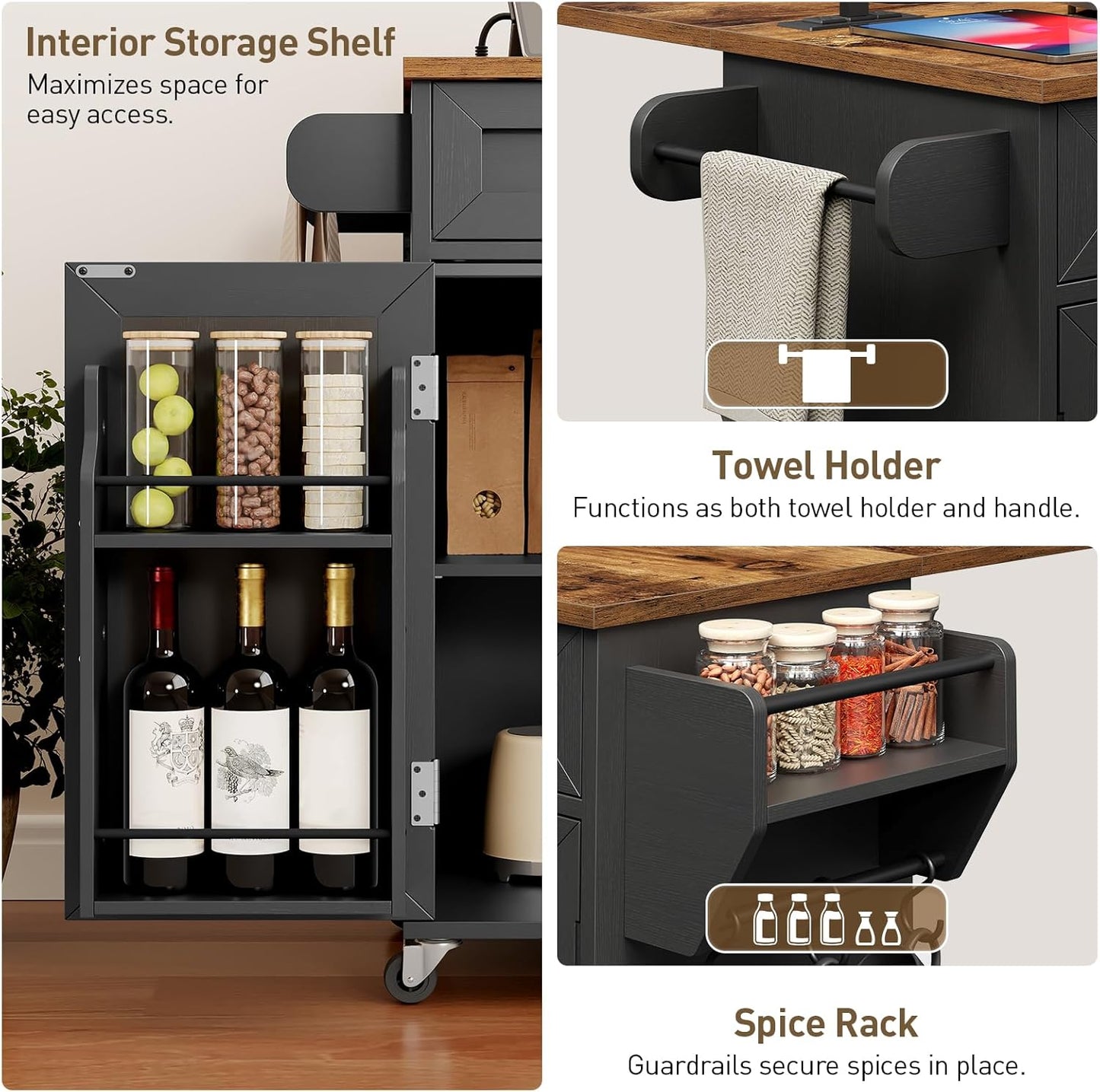 Kitchen Island with Power Outlets and Drop Leaf, Storage Drawer, Spice Rack, and Tower Rack in Black and Rustic Brown