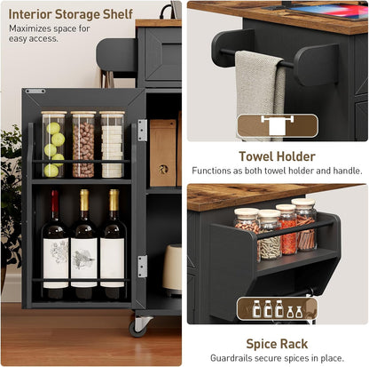 Kitchen Island with Power Outlets and Drop Leaf, Storage Drawer, Spice Rack, and Tower Rack in Black and Rustic Brown