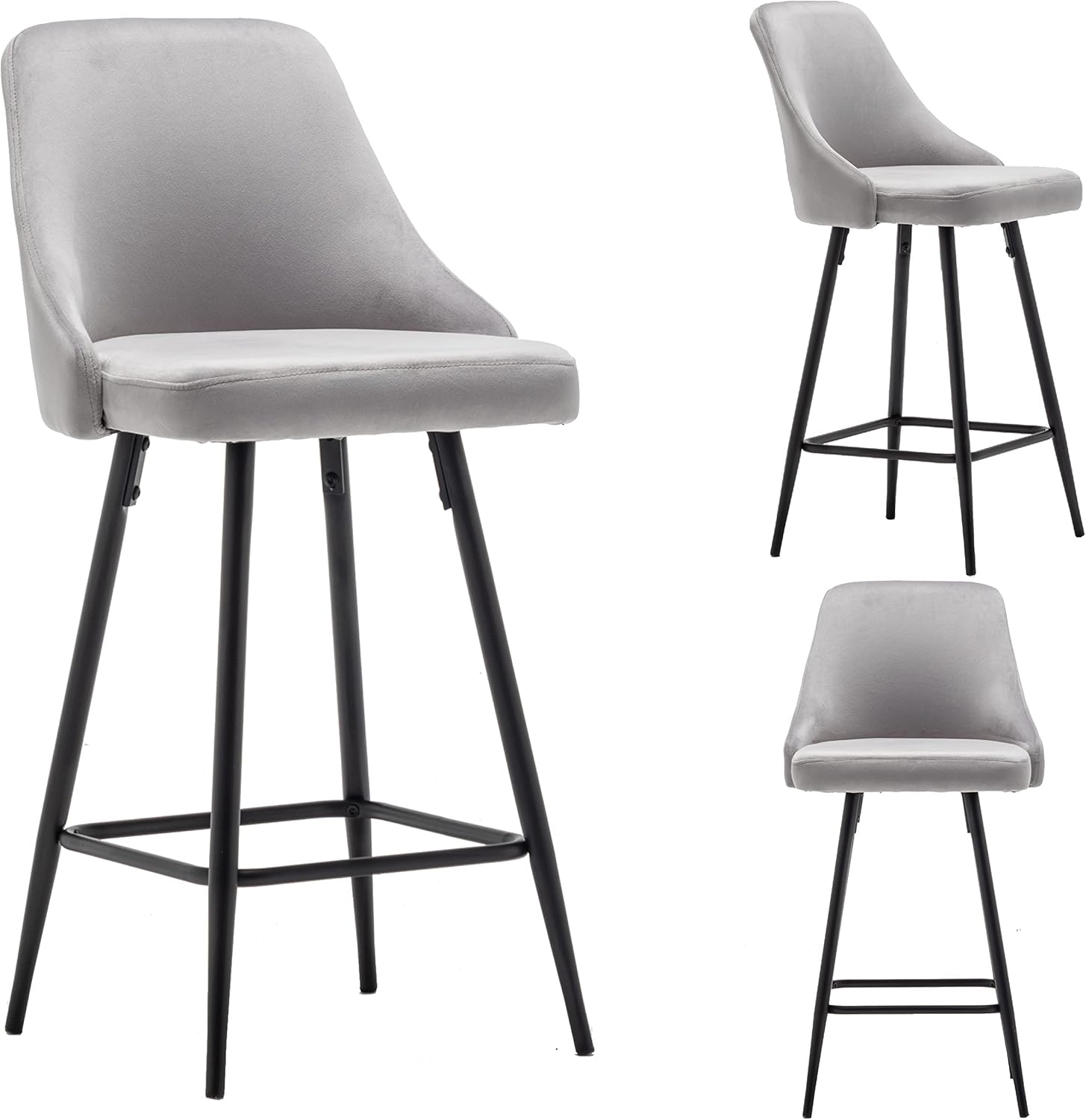 Premium Upholstered High Back Bar Stool Chairs, Set of 2, 25" Seat Height, Gray Polyester