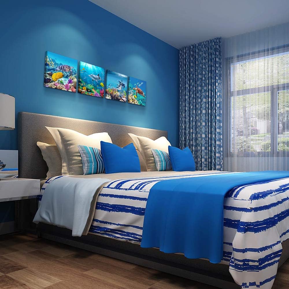 Coral and Sea Life Themed Canvas Wall Art - 4 Panel Stretched and Framed Artwork for Living Room, Family Bedroom, and Bathroom Decor - Modern Home Aesthetic