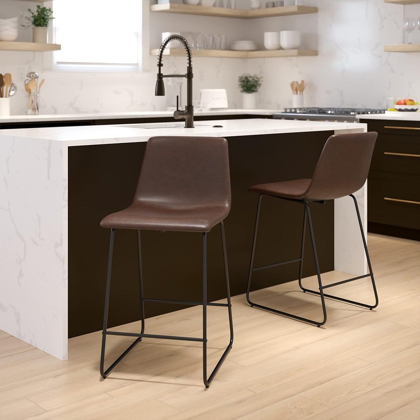 Set of 2 24-Inch Dark Brown Leathersoft Kitchen Counter Height Stools