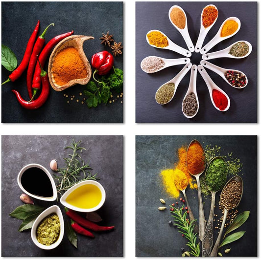 Transform Your Space with a Set of 4 Vintage Canvas Prints Showcasing Colorful Spices and Spoons - Perfect Wall Art for Your Home, Kitchen, and Living Room