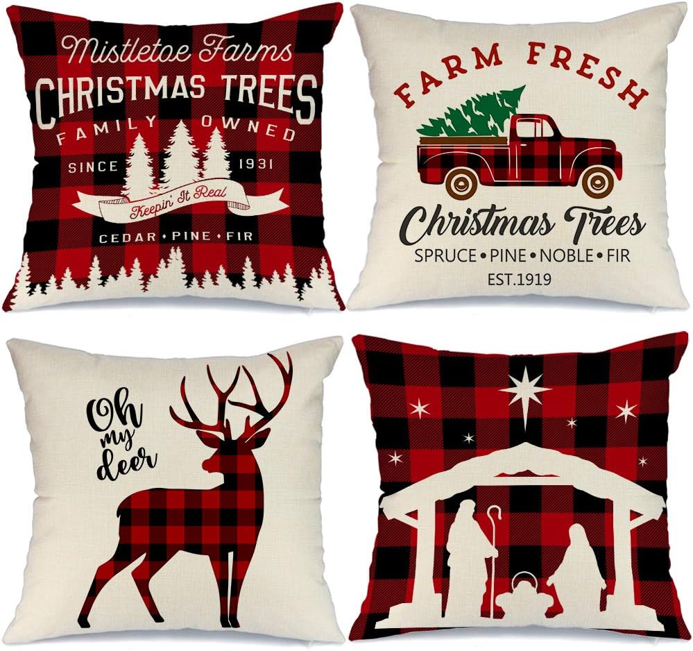 AENEY Set of 4 Buffalo Plaid Christmas Pillow Covers 20x20 - Festive Winter Holiday Throw Pillows with Deer and Red Truck Designs for Farmhouse Couch Decor