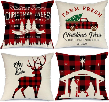 AENEY Set of 4 Buffalo Plaid Christmas Pillow Covers 20x20 - Festive Winter Holiday Throw Pillows with Deer and Red Truck Designs for Farmhouse Couch Decor