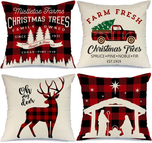 AENEY Set of 4 Buffalo Plaid Christmas Pillow Covers 20x20 - Festive Winter Holiday Throw Pillows with Deer and Red Truck Designs for Farmhouse Couch Decor