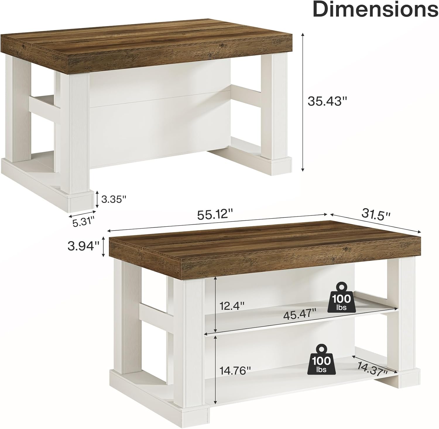 55-Inch Kitchen Island with Seating and Storage, 3-Tier Farmhouse Wood Stationary Table with Ample Worktop and Legroom, Coffee Bar Table with Storage Shelves in White and Brown