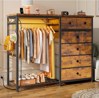Stylish 49.2" Wide Dresser with Versatile Hanging Rack, Six Spacious Drawers, LED Lighting, and Charging Station - Perfect for Your Bedroom or Entryway in Rustic Brown Finish