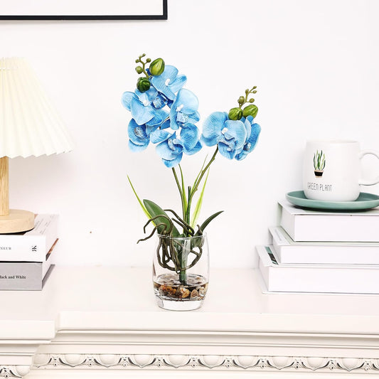 14.5-Inch Glass Vase with Artificial Phalaenopsis Orchid for Home and Office Décor, Table Centerpiece and Room Decoration (Blue Orchid)