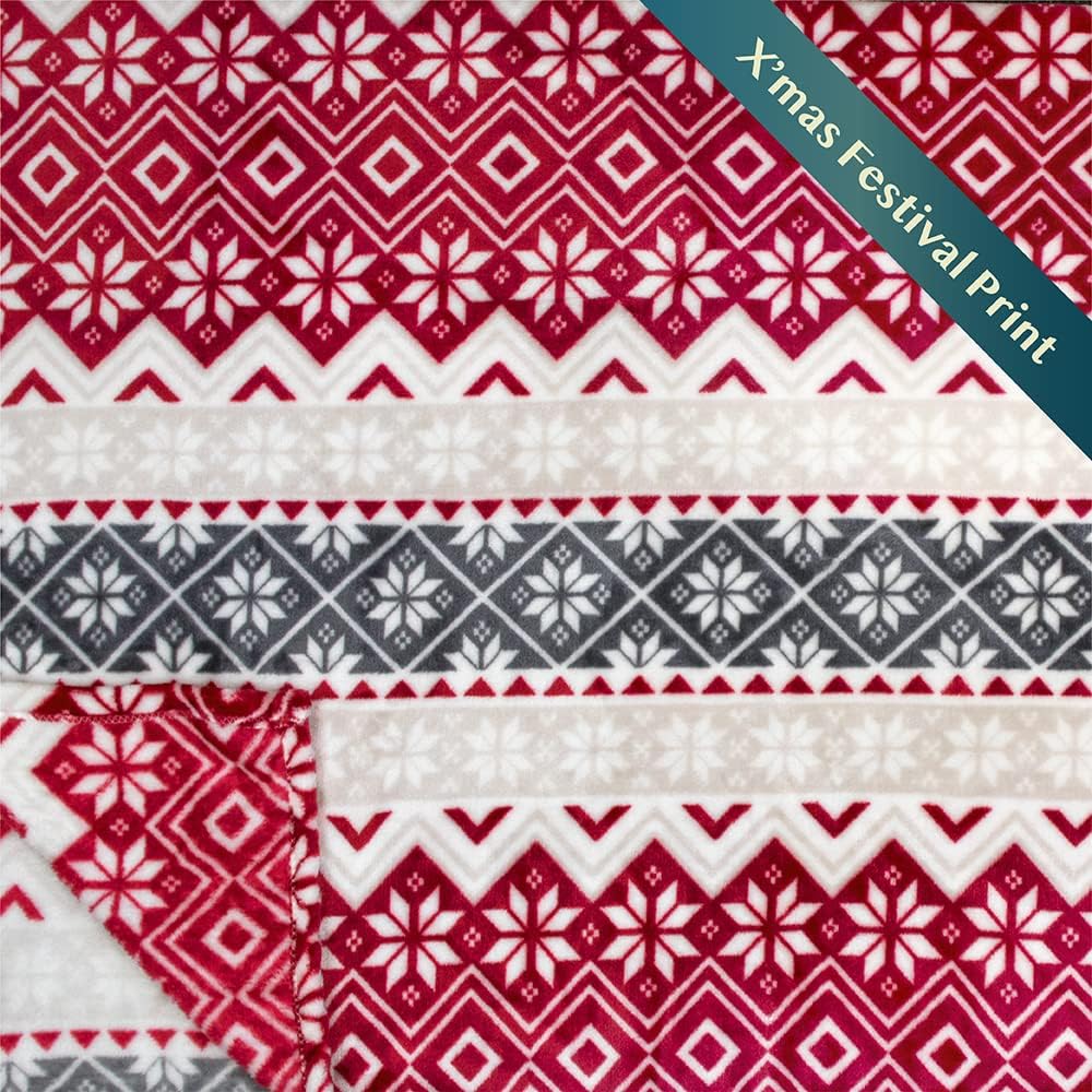 Holiday Red Fleece Throw Blanket | Soft and Plush Winter Cabin Blanket with Reindeer or Snowflake Design 