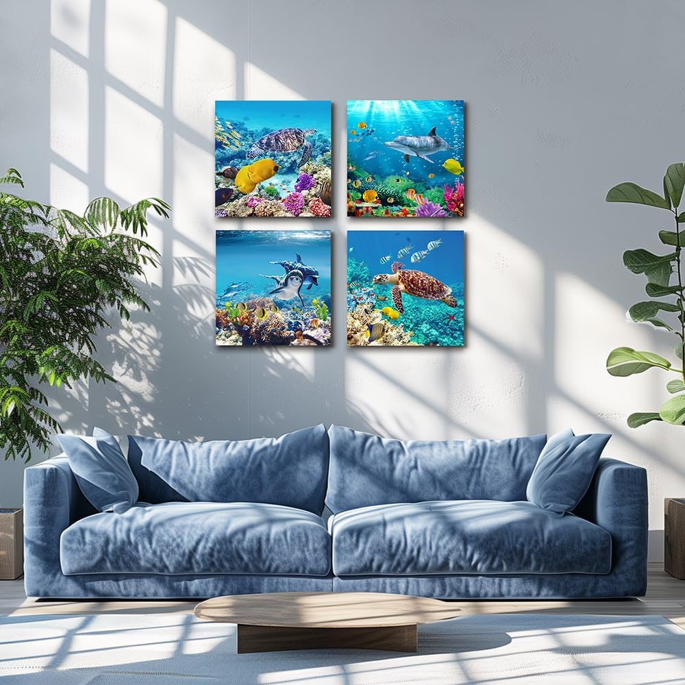 Coral and Sea Life Themed Canvas Wall Art - 4 Panel Stretched and Framed Artwork for Living Room, Family Bedroom, and Bathroom Decor - Modern Home Aesthetic