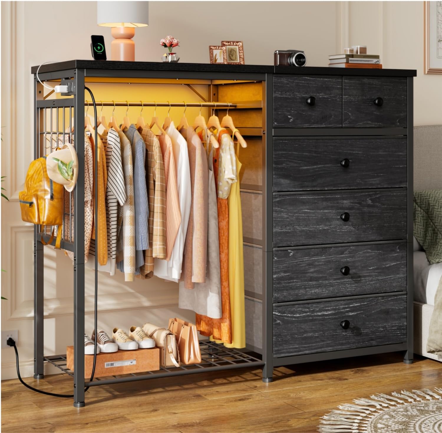 Stylish 49.2" Wide Dresser with Versatile Hanging Rack, Six Spacious Drawers, LED Lighting, and Charging Station - Perfect for Your Bedroom or Entryway in Rustic Brown Finish