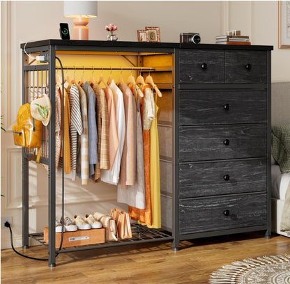 Stylish 49.2" Wide Dresser with Versatile Hanging Rack, Six Spacious Drawers, LED Lighting, and Charging Station - Perfect for Your Bedroom or Entryway in Rustic Brown Finish