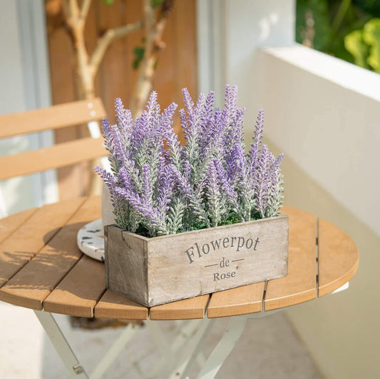 Artificial Lavender Plant in Decorative Wooden Box - 14" Spring Decor for Home, Office, Cottagecore, Farmhouse, Bathroom, and Porch - Faux Floral Arrangement for Indoor Spaces