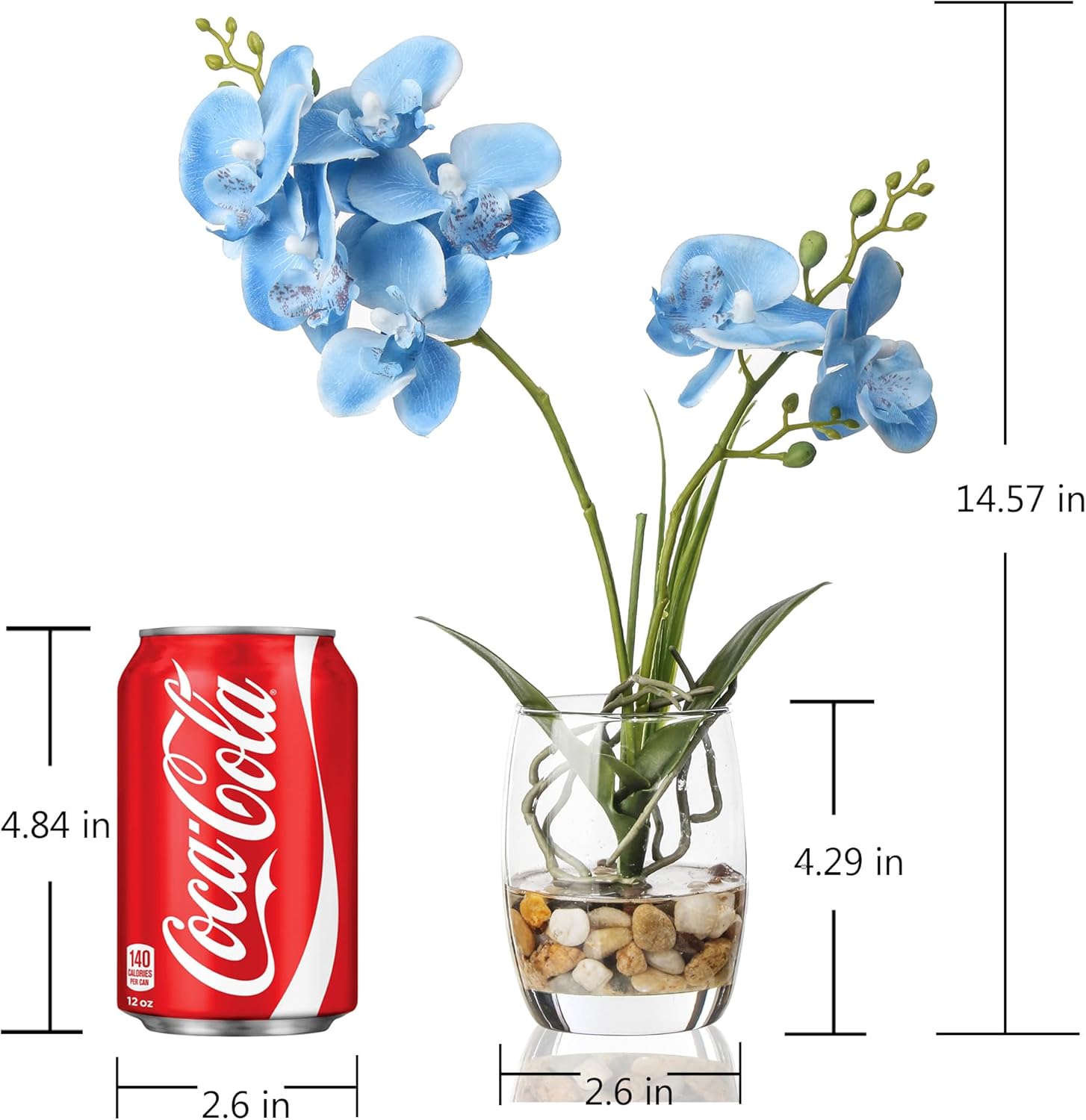 14.5-Inch Glass Vase with Artificial Phalaenopsis Orchid for Home and Office Décor, Table Centerpiece and Room Decoration (Blue Orchid)