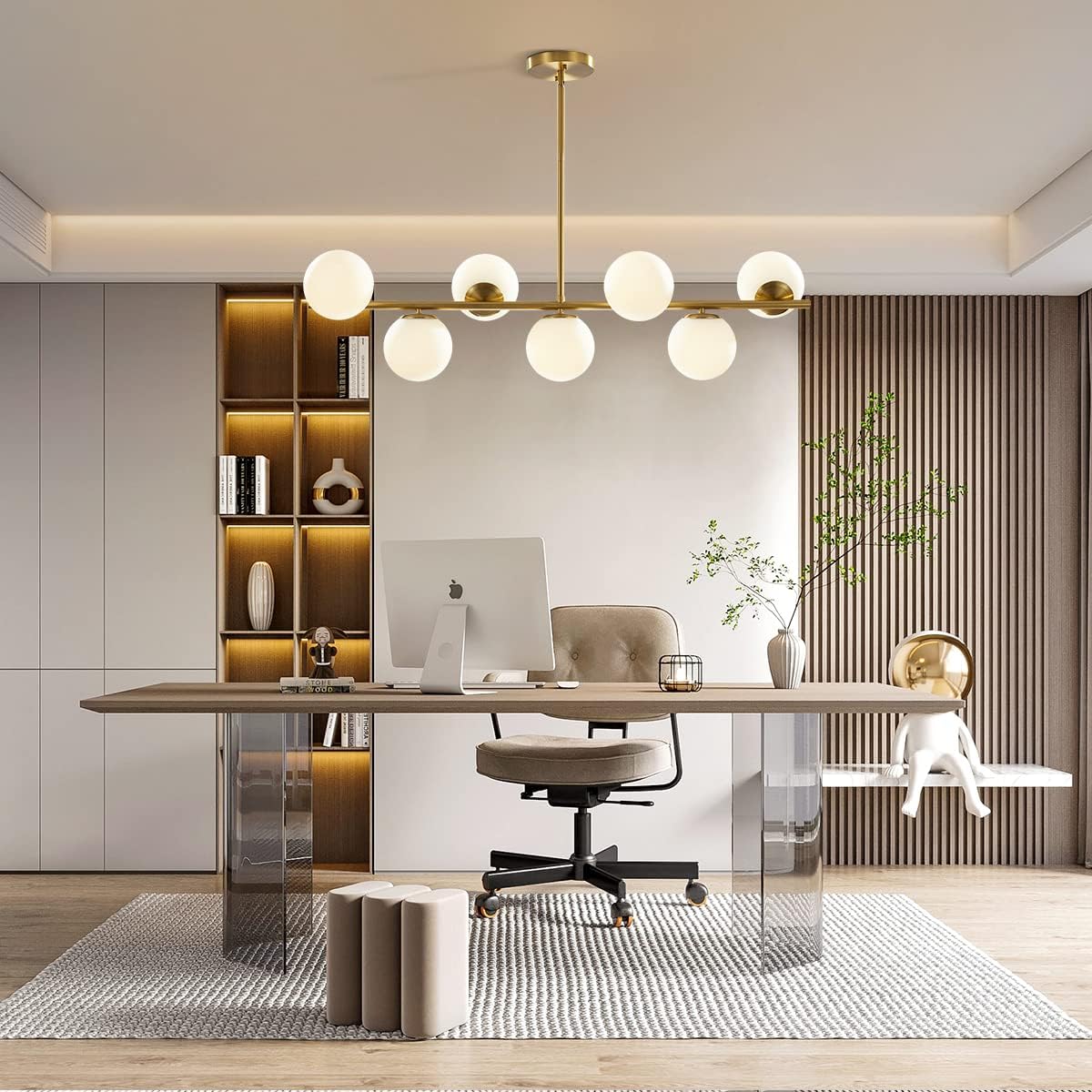 Mid-Century Modern 7-Light Gold Globe Chandelier - Brass Linear Sputnik Design with Milk Glass Pendants for Kitchen Island and Dining Table Lighting