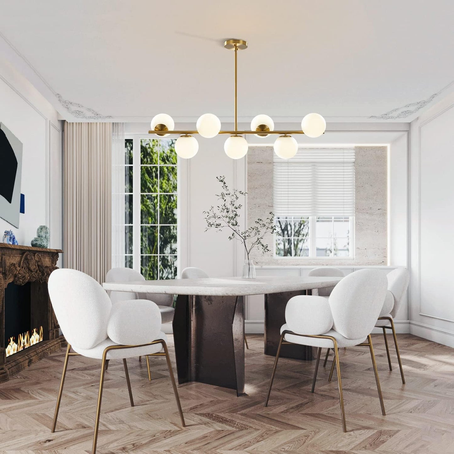 Mid-Century Modern 7-Light Gold Globe Chandelier - Brass Linear Sputnik Design with Milk Glass Pendants for Kitchen Island and Dining Table Lighting