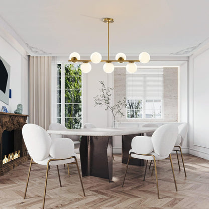 Mid-Century Modern 7-Light Gold Globe Chandelier - Brass Linear Sputnik Design with Milk Glass Pendants for Kitchen Island and Dining Table Lighting