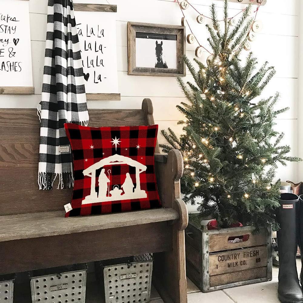 AENEY Set of 4 Buffalo Plaid Christmas Pillow Covers 20x20 - Festive Winter Holiday Throw Pillows with Deer and Red Truck Designs for Farmhouse Couch Decor