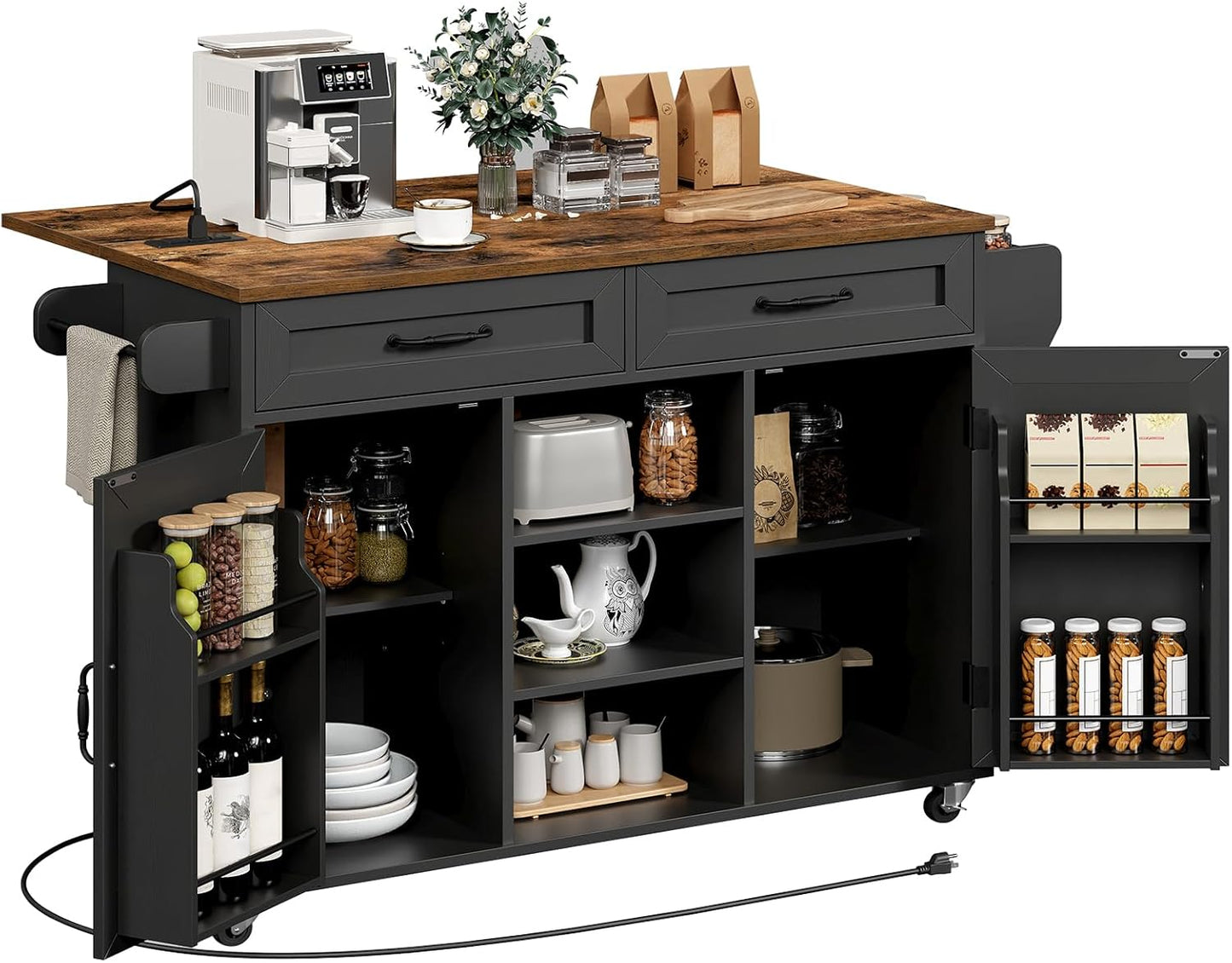 Kitchen Island with Power Outlets and Drop Leaf, Storage Drawer, Spice Rack, and Tower Rack in Black and Rustic Brown