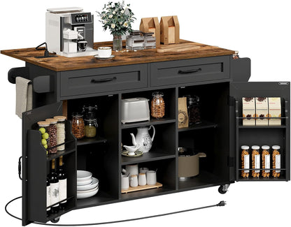Kitchen Island with Power Outlets and Drop Leaf, Storage Drawer, Spice Rack, and Tower Rack in Black and Rustic Brown