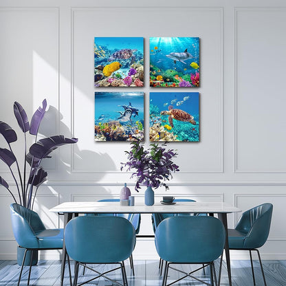 Coral and Sea Life Themed Canvas Wall Art - 4 Panel Stretched and Framed Artwork for Living Room, Family Bedroom, and Bathroom Decor - Modern Home Aesthetic