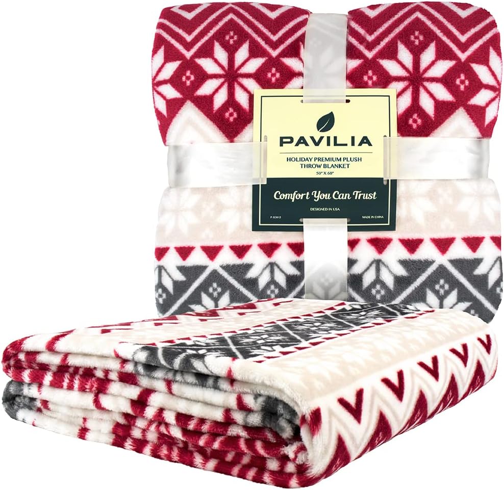 Holiday Red Fleece Throw Blanket | Soft and Plush Winter Cabin Blanket with Reindeer or Snowflake Design 
