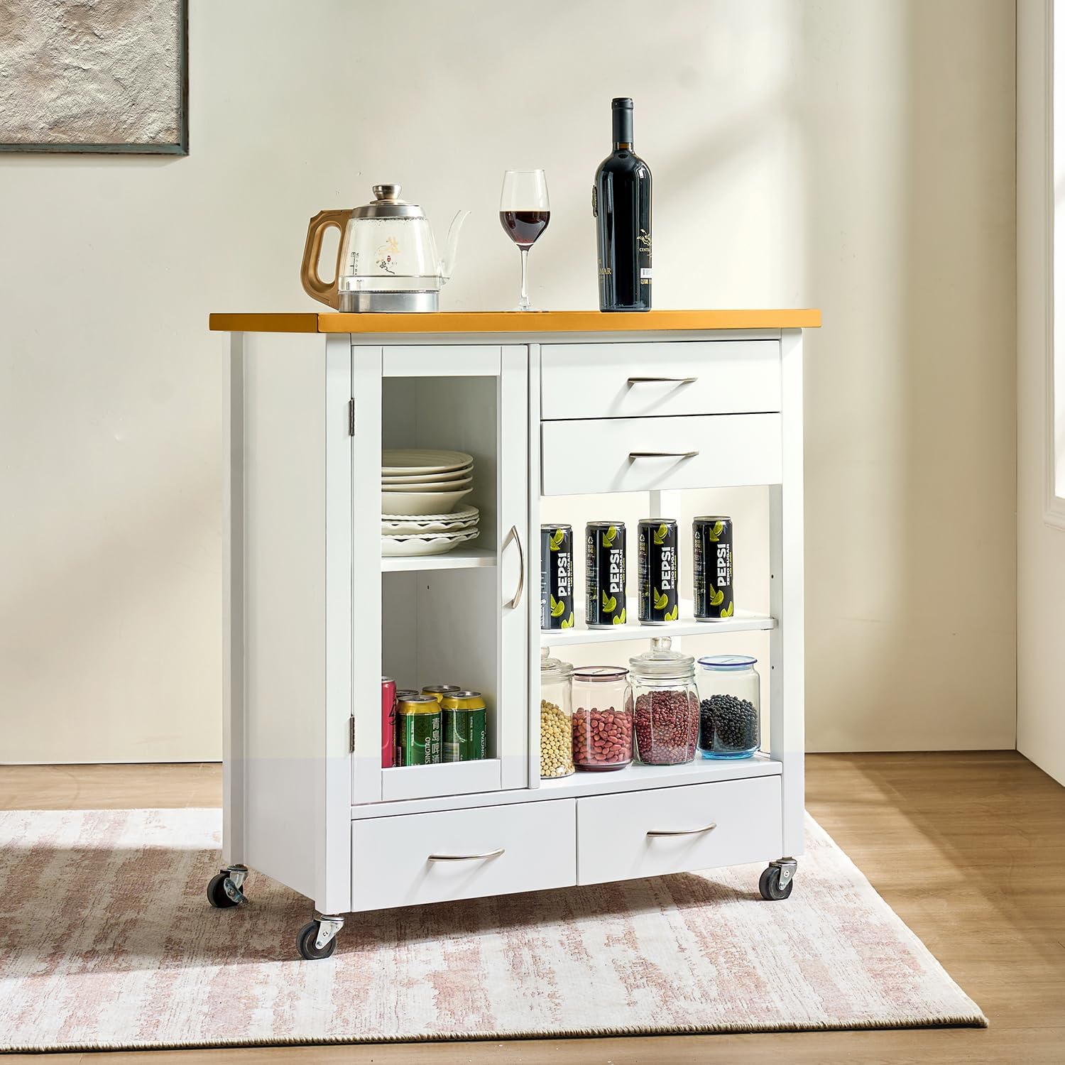 Transform Your Kitchen with the 31" Extendable American White Oak Kitchen Island Cart Featuring Lockable Casters and Ample Storage