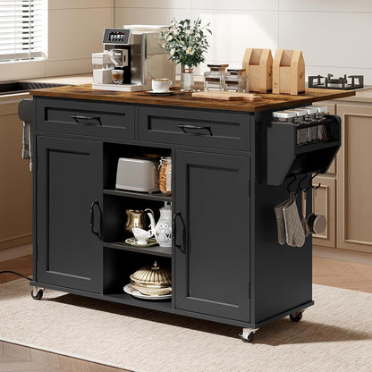 Kitchen Island with Power Outlets and Drop Leaf, Storage Drawer, Spice Rack, and Tower Rack in Black and Rustic Brown