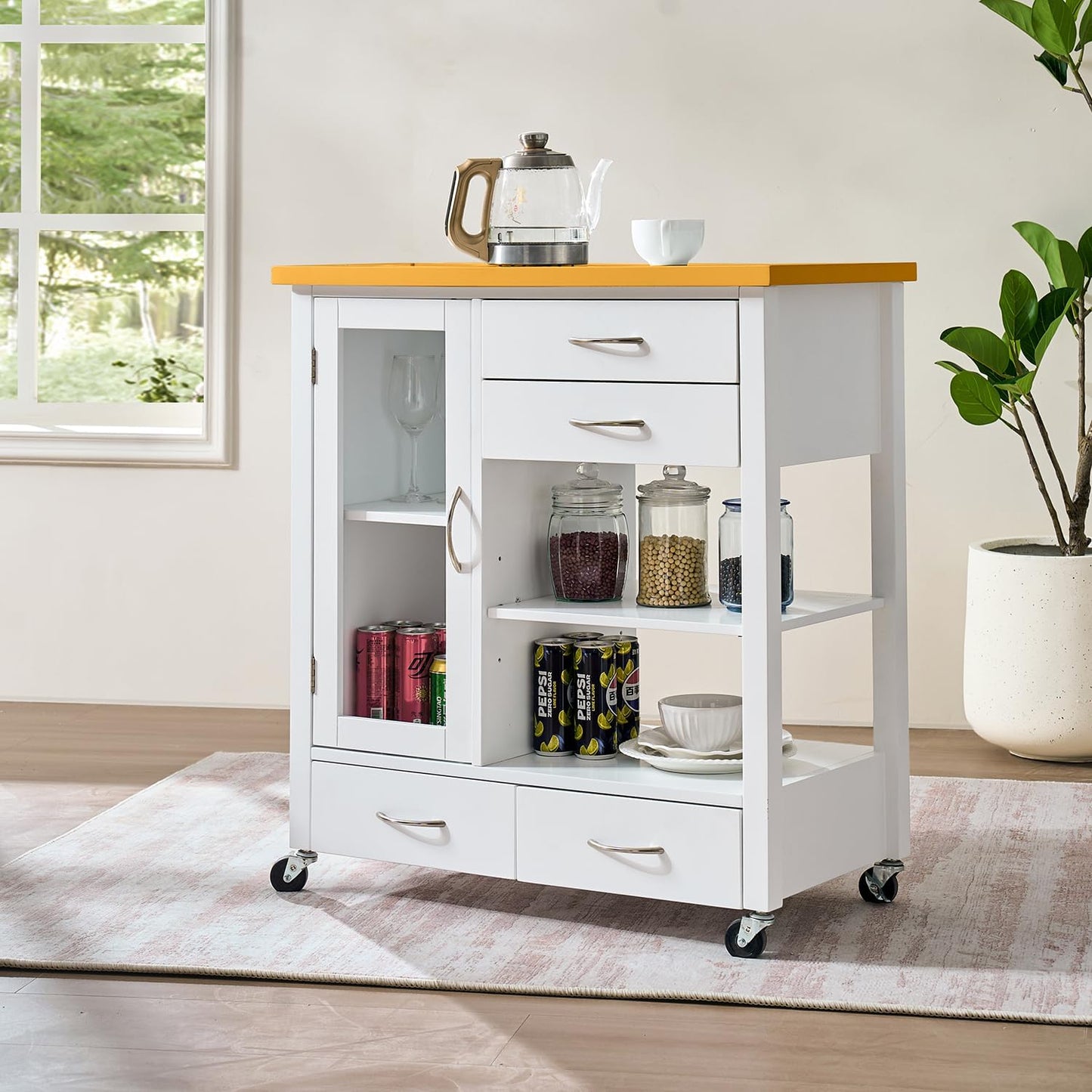 Transform Your Kitchen with the 31" Extendable American White Oak Kitchen Island Cart Featuring Lockable Casters and Ample Storage