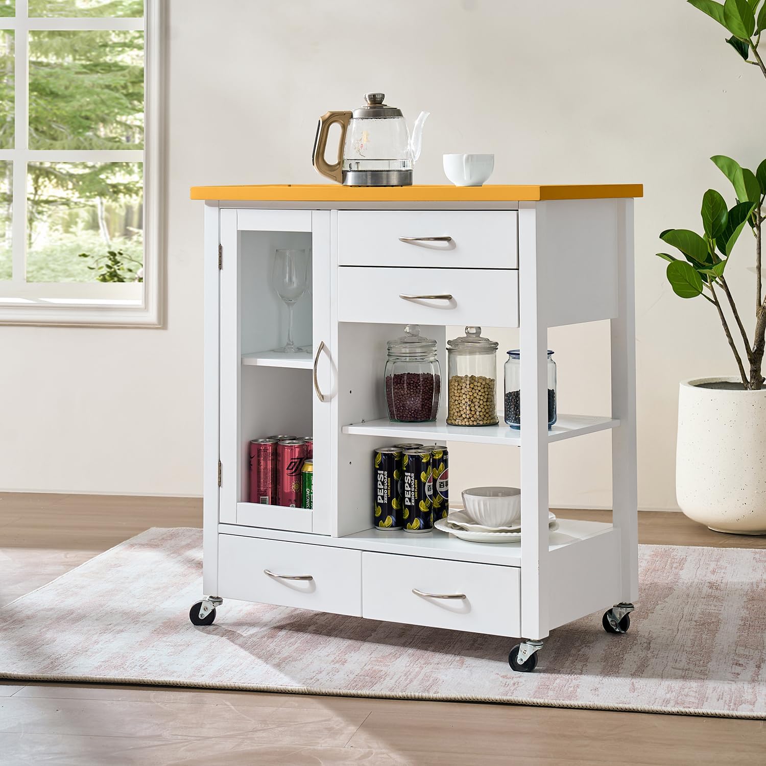 Transform Your Kitchen with the 31" Extendable American White Oak Kitchen Island Cart Featuring Lockable Casters and Ample Storage