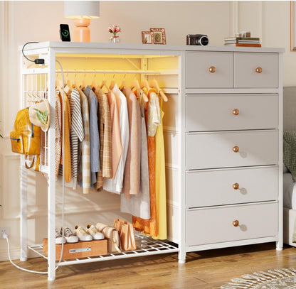 Stylish 49.2" Wide Dresser with Versatile Hanging Rack, Six Spacious Drawers, LED Lighting, and Charging Station - Perfect for Your Bedroom or Entryway in Rustic Brown Finish