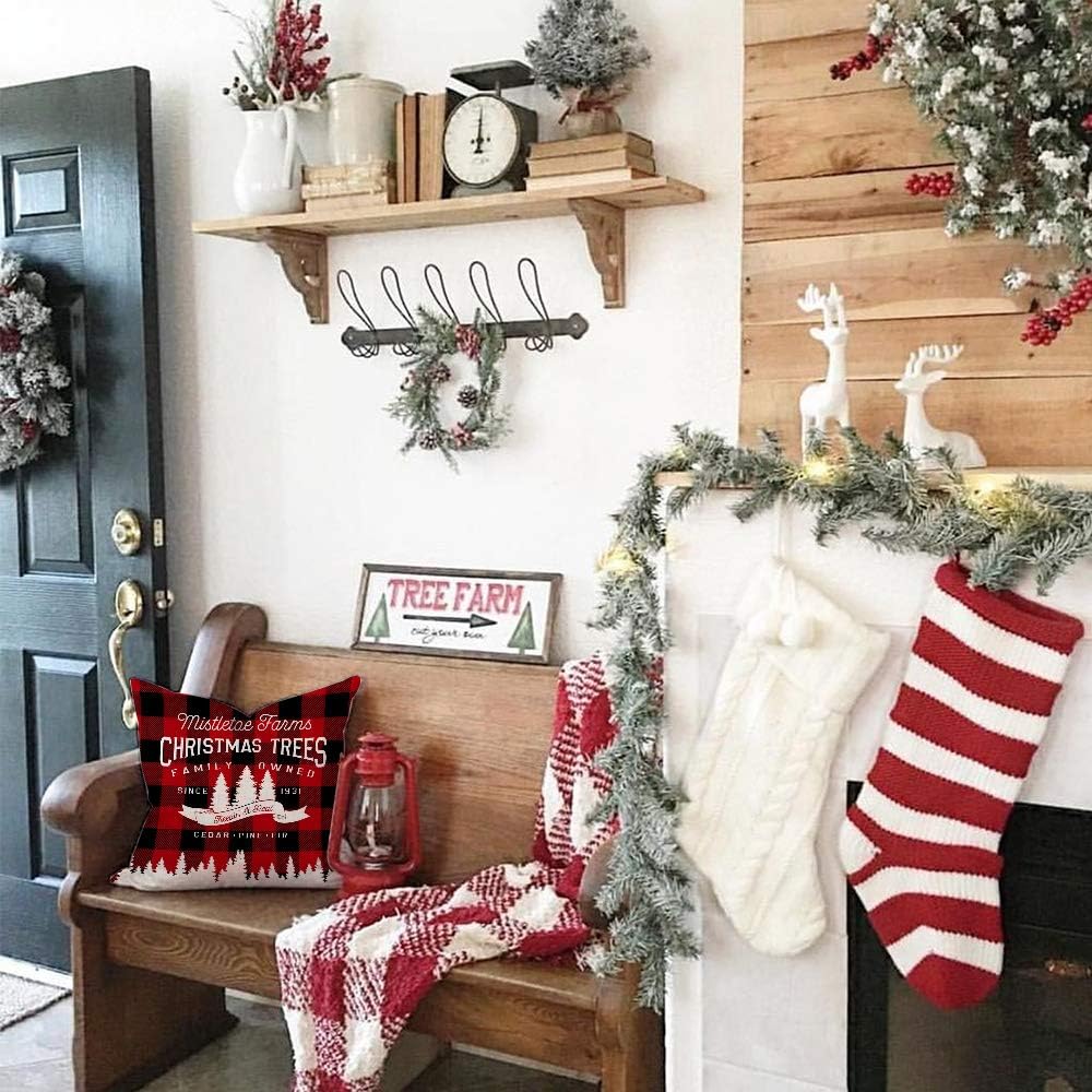 AENEY Set of 4 Buffalo Plaid Christmas Pillow Covers 20x20 - Festive Winter Holiday Throw Pillows with Deer and Red Truck Designs for Farmhouse Couch Decor