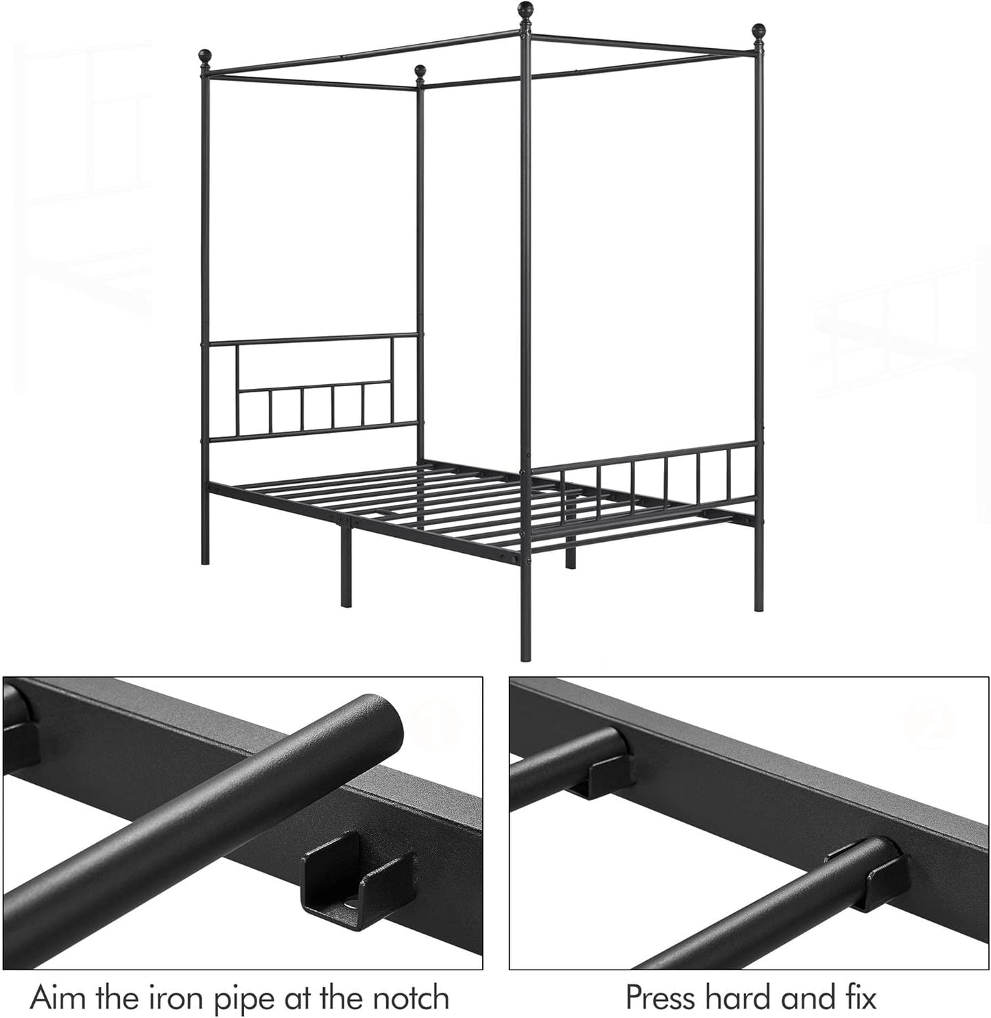 Twin Metal Canopy Bed Frame with Headboard and Footboard, Sturdy Slatted Structure, No Box Spring Required, Easy Assembly, Black