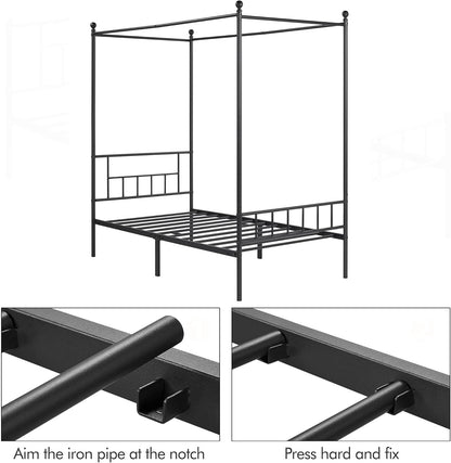 Twin Metal Canopy Bed Frame with Headboard and Footboard, Sturdy Slatted Structure, No Box Spring Required, Easy Assembly, Black