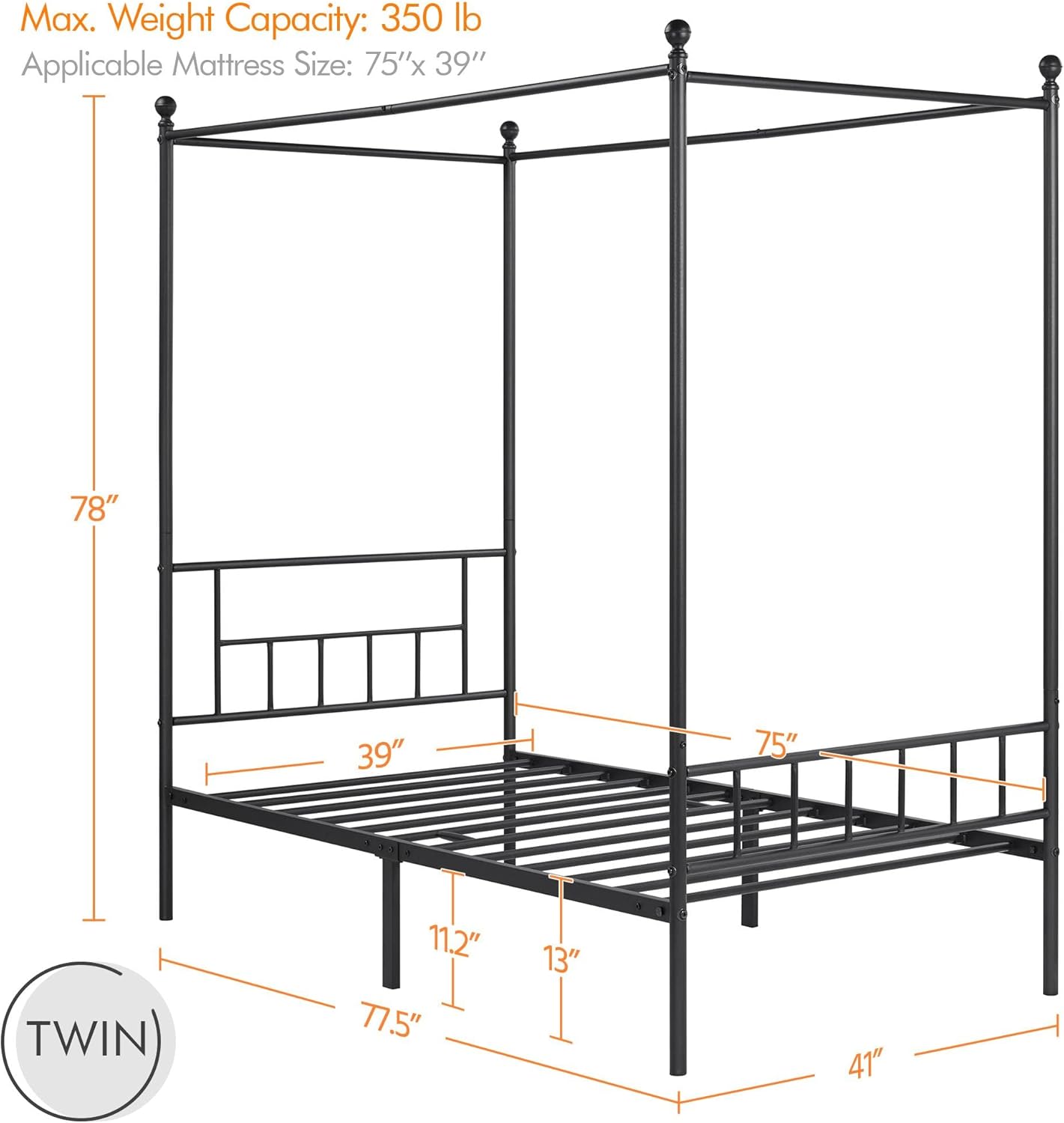 Twin Metal Canopy Bed Frame with Headboard and Footboard, Sturdy Slatted Structure, No Box Spring Required, Easy Assembly, Black