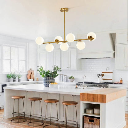 Mid-Century Modern 7-Light Gold Globe Chandelier - Brass Linear Sputnik Design with Milk Glass Pendants for Kitchen Island and Dining Table Lighting