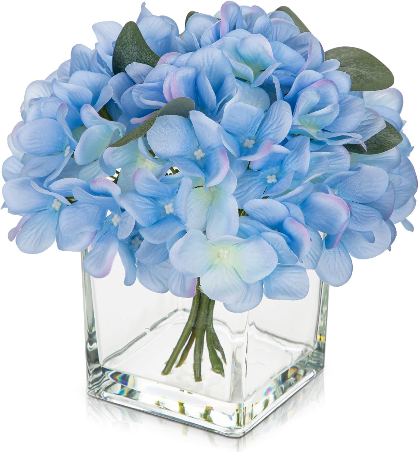 Modern Artificial Hydrangea, Peony, and Rose Silk Floral Arrangement with Vase - Blue, 7" H x 4" W x 4" D, Home Decor Accent
