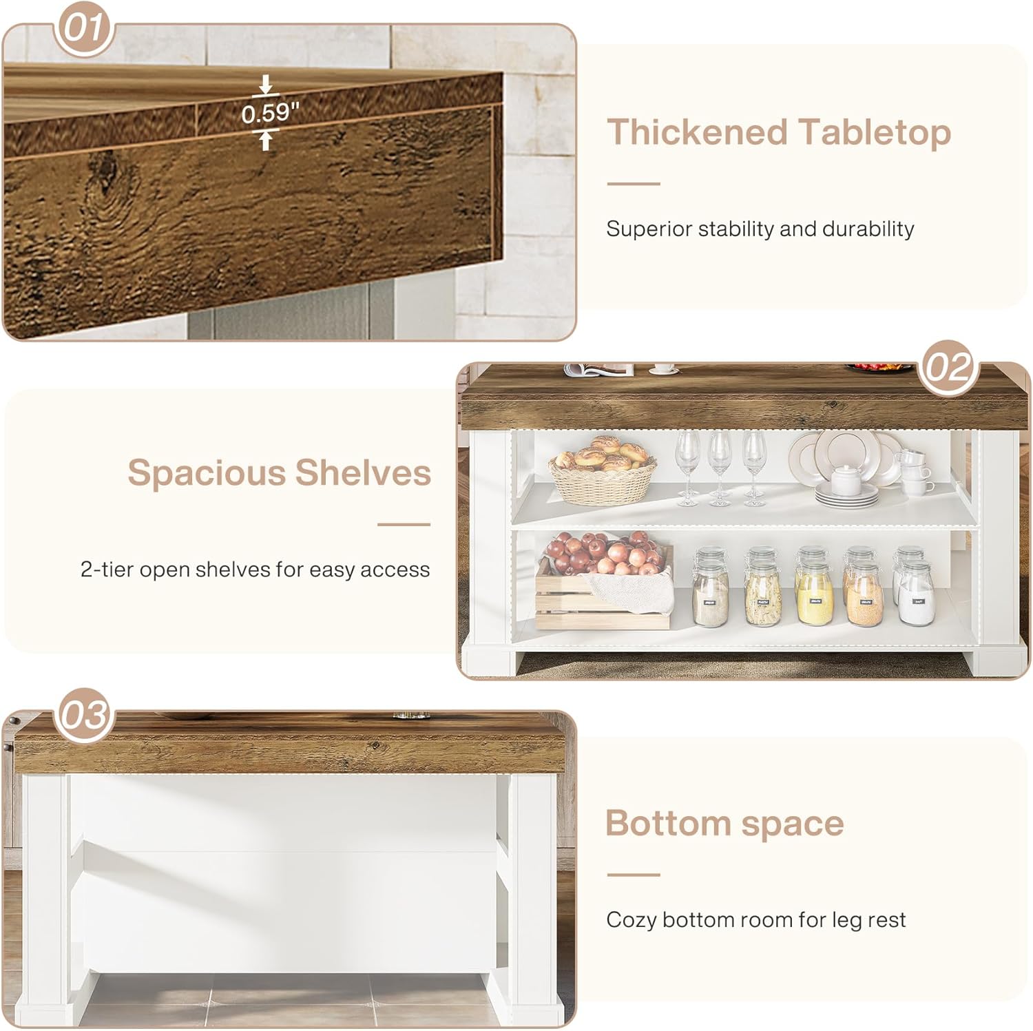 55-Inch Kitchen Island with Seating and Storage, 3-Tier Farmhouse Wood Stationary Table with Ample Worktop and Legroom, Coffee Bar Table with Storage Shelves in White and Brown