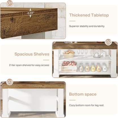 55-Inch Kitchen Island with Seating and Storage, 3-Tier Farmhouse Wood Stationary Table with Ample Worktop and Legroom, Coffee Bar Table with Storage Shelves in White and Brown