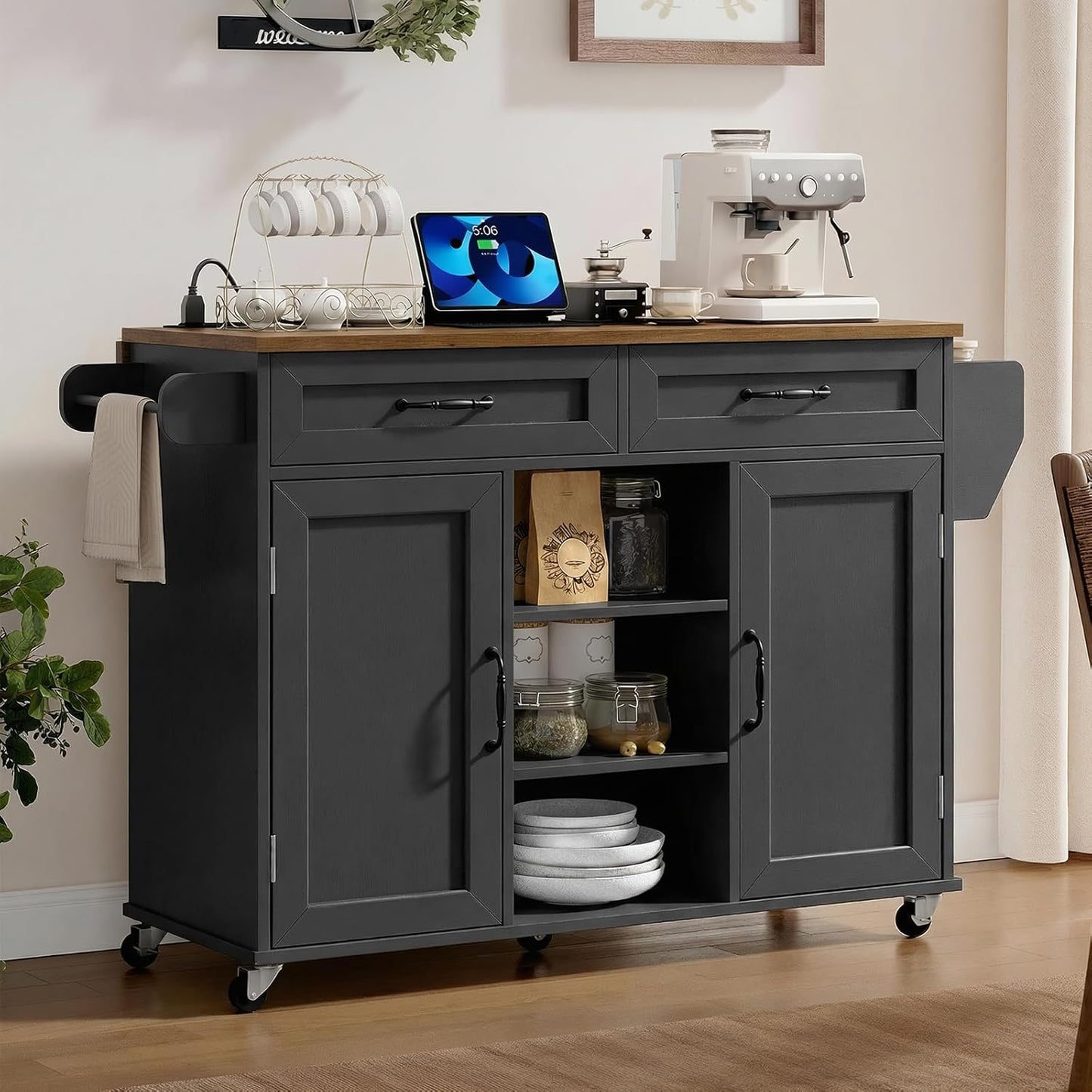 Kitchen Island with Power Outlets and Drop Leaf, Storage Drawer, Spice Rack, and Tower Rack in Black and Rustic Brown