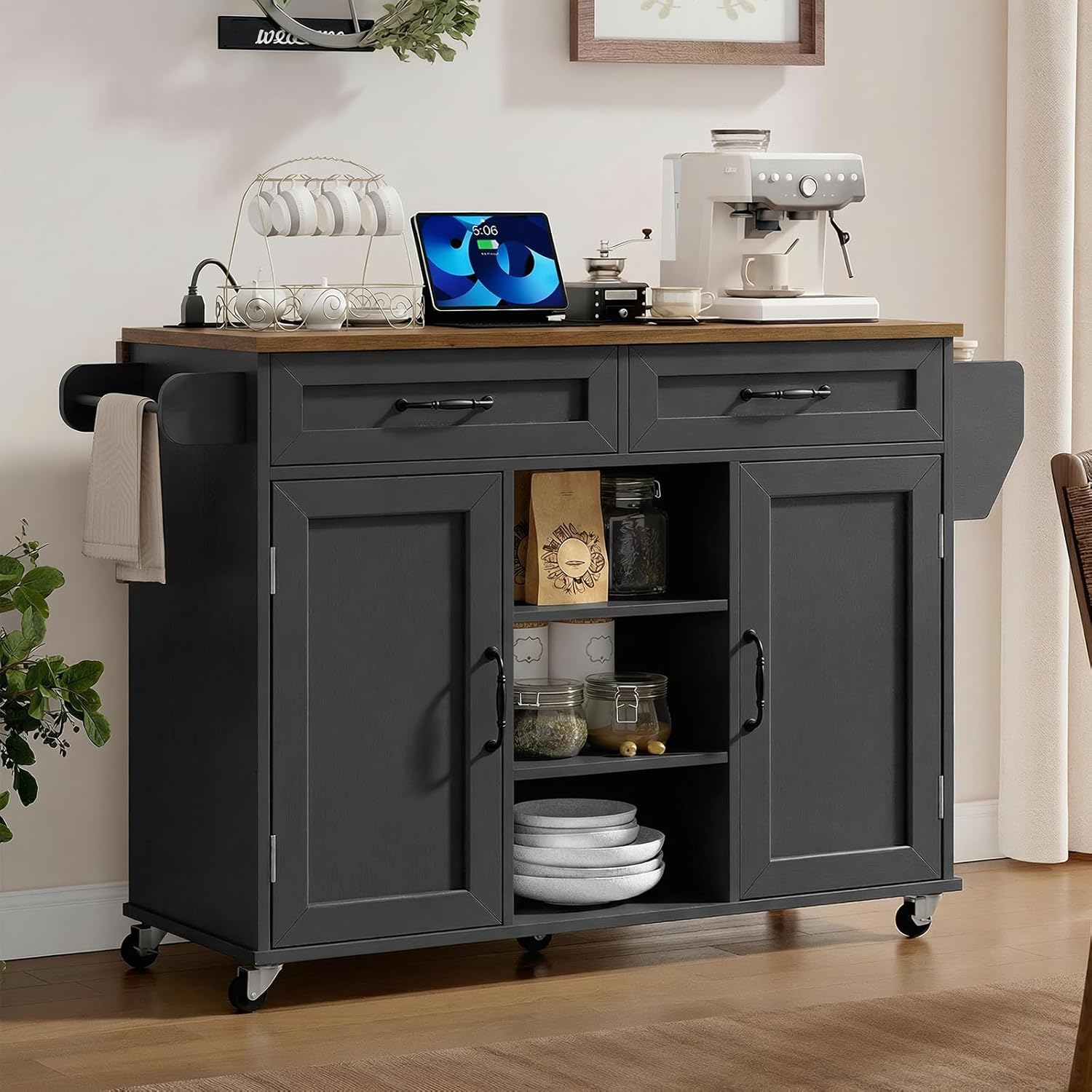 Kitchen Island with Power Outlets and Drop Leaf, Storage Drawer, Spice Rack, and Tower Rack in Black and Rustic Brown
