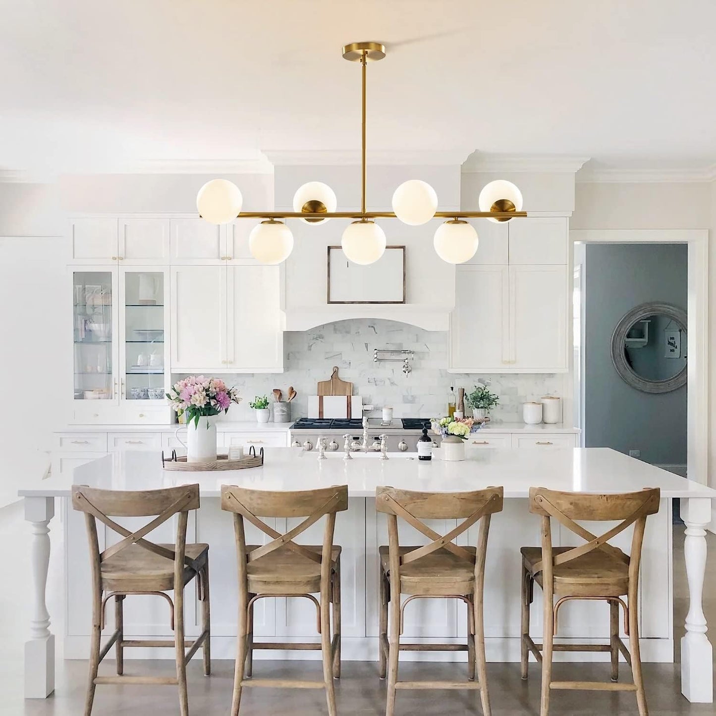 Mid-Century Modern 7-Light Gold Globe Chandelier - Brass Linear Sputnik Design with Milk Glass Pendants for Kitchen Island and Dining Table Lighting