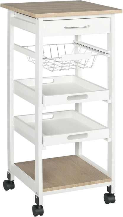 Rolling Kitchen Island Cart with Storage, Solid Wood Frame, Wire Fruit Baskets, Trays, and Drawer, White