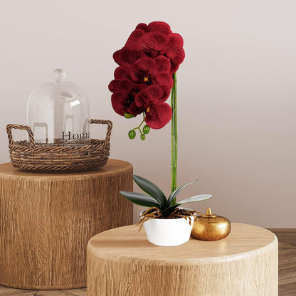 Artificial Red Orchid Plant - Burgundy Faux Flowers for Home Decor, Kitchen, Party, and Hotel Centerpieces - 17" Floral Arrangement