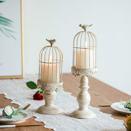Elegant Vintage Birdcage Candle Holder - Distressed Ivory Iron Candlestick Holders for Home Décor and Table Centerpieces