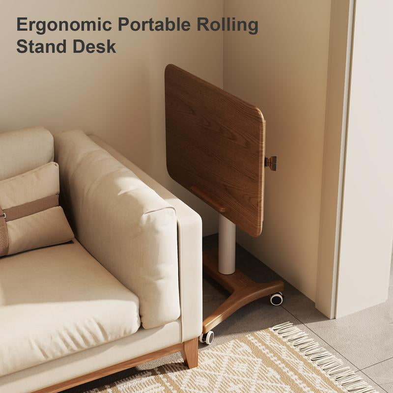 Solid Wood Mobile Standing Desk, Adjustable Work Table with Wheels, Space Saving, Rolling Standing Desk for Home Office, Bedroom,Couch